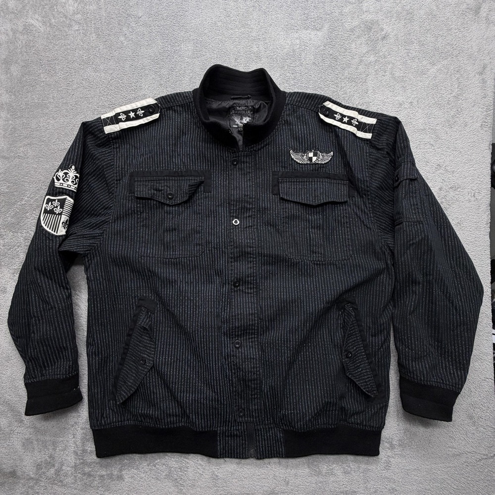 Vintage Raw Blue Pinstripe Military-Style jacket Y2K Mens 4X Black Blue